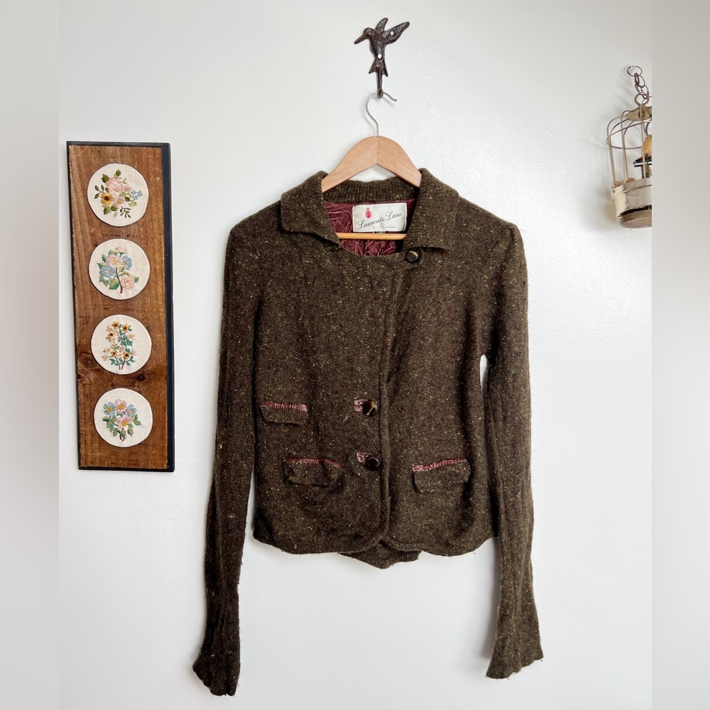 Laureate Lane Anthropologie Green Tweed Knit Sweater Jacket Medium